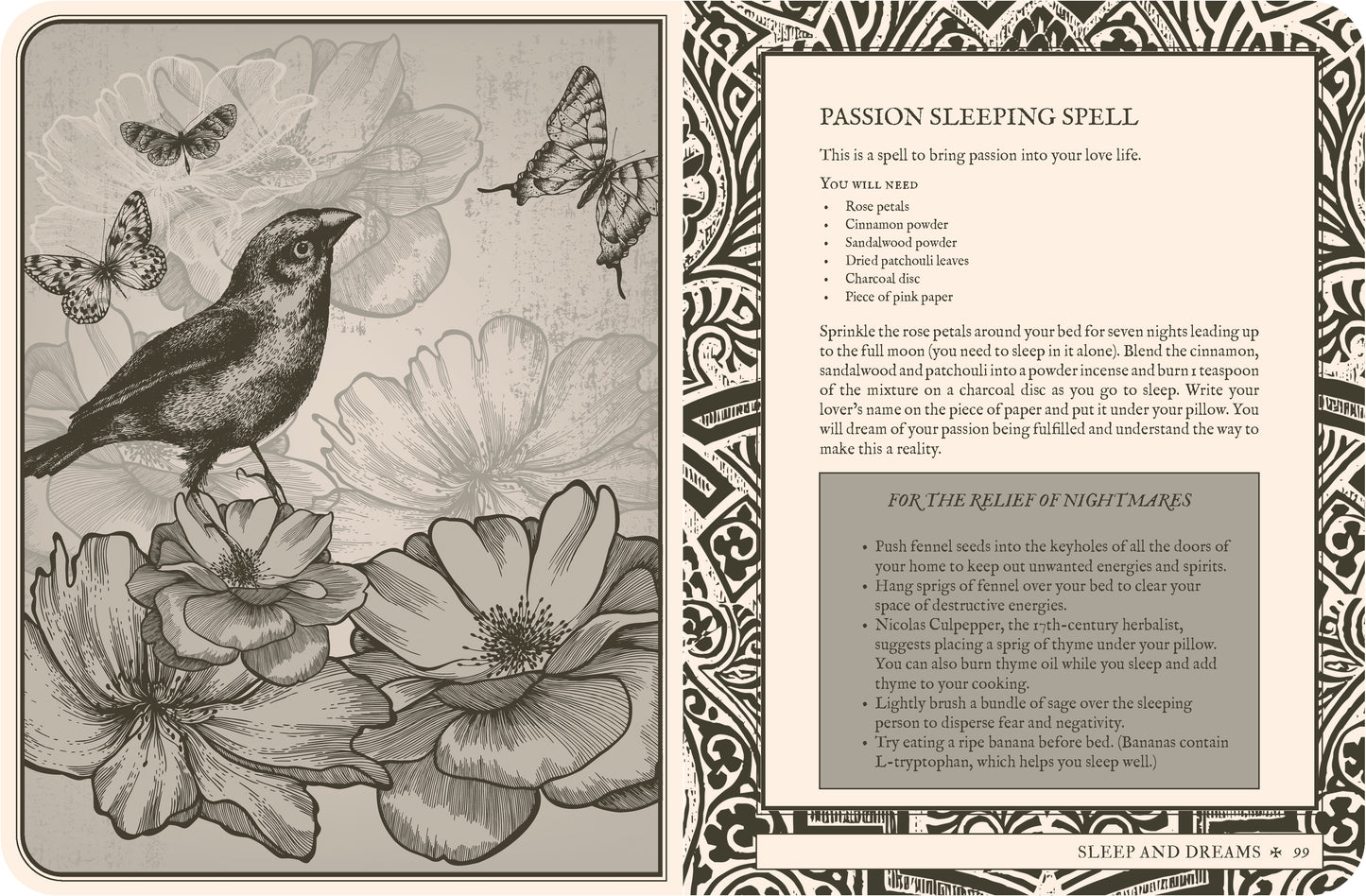 Magical spellbook page with a bird, flowers, and butterflies on a decorative background.