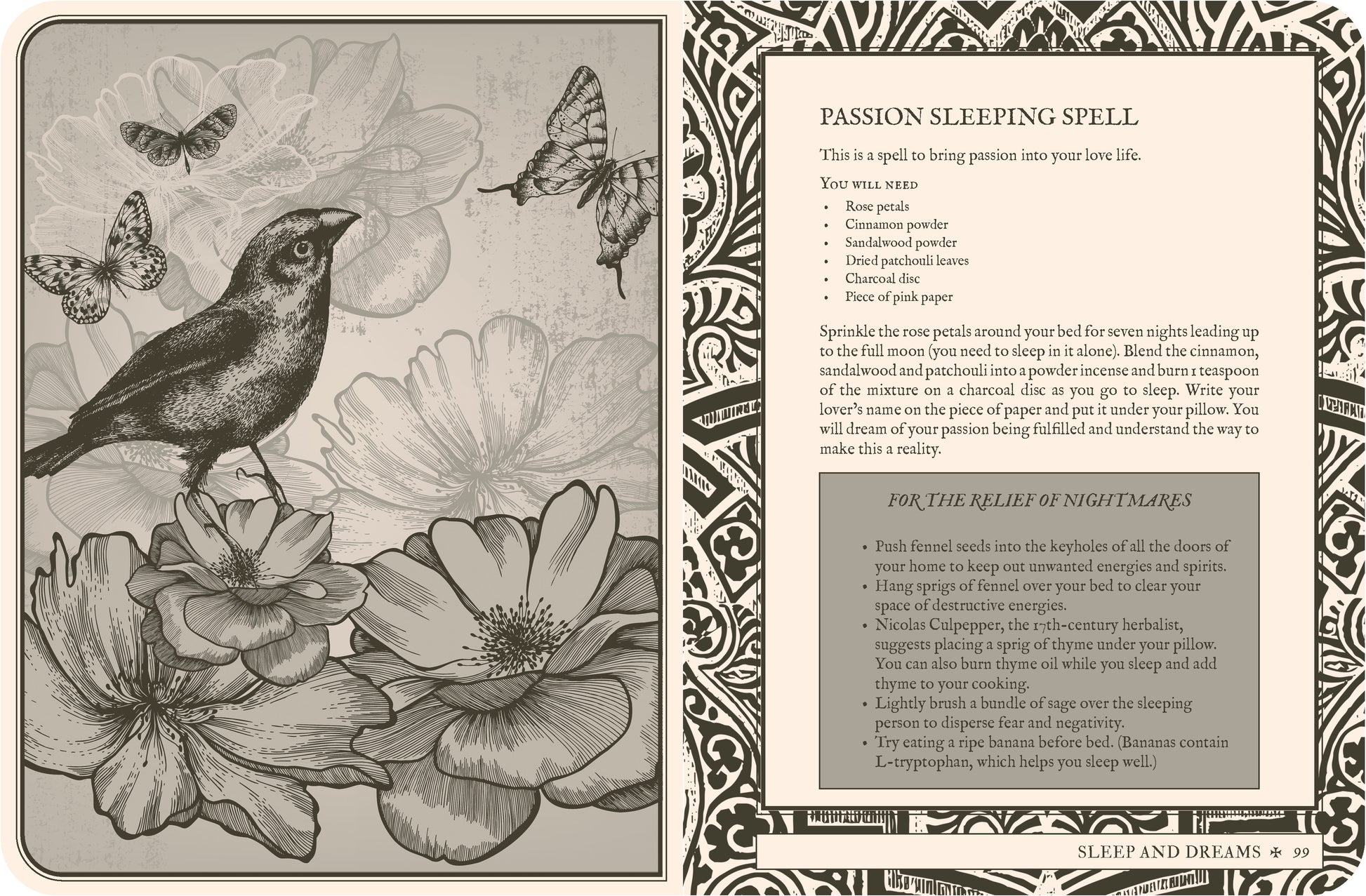 Magical spellbook page with a bird, flowers, and butterflies on a decorative background.