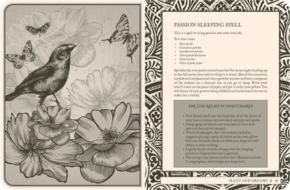 Magical spellbook page with a bird, flowers, and butterflies on a decorative background.