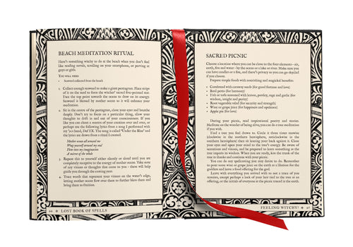 Open book with spell descriptions and a red ribbon on a white background