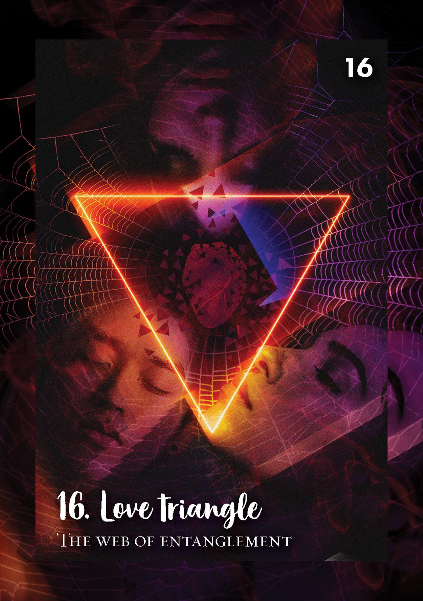 Triangular design with faces and spider web, labeled '16. Love triangle' on a dark background.