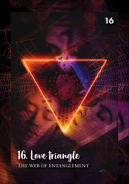 Triangular design with faces and spider web, labeled '16. Love triangle' on a dark background.