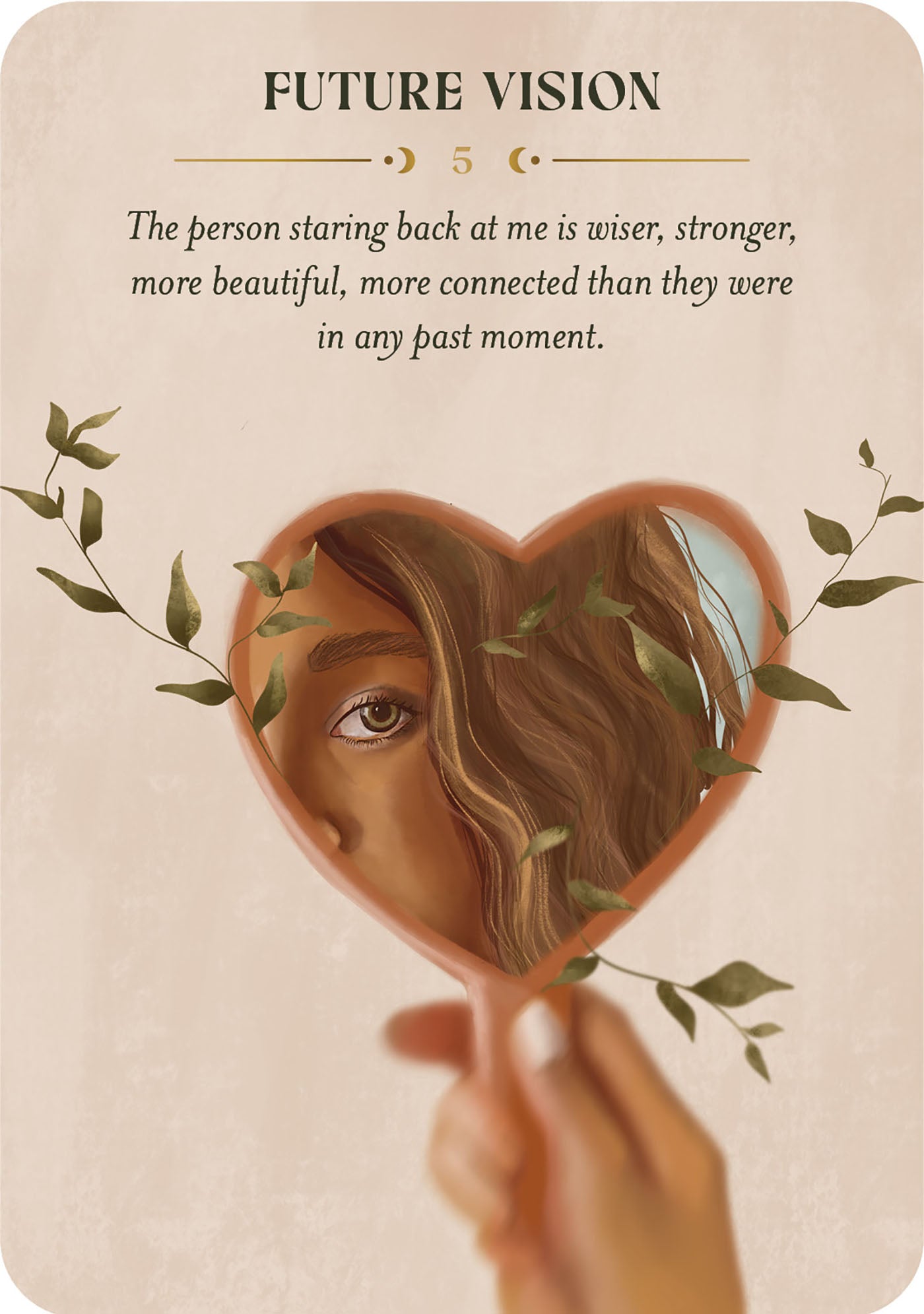 Card with a heart-shaped mirror reflecting a face, surrounded by leaves, on a beige background with text.