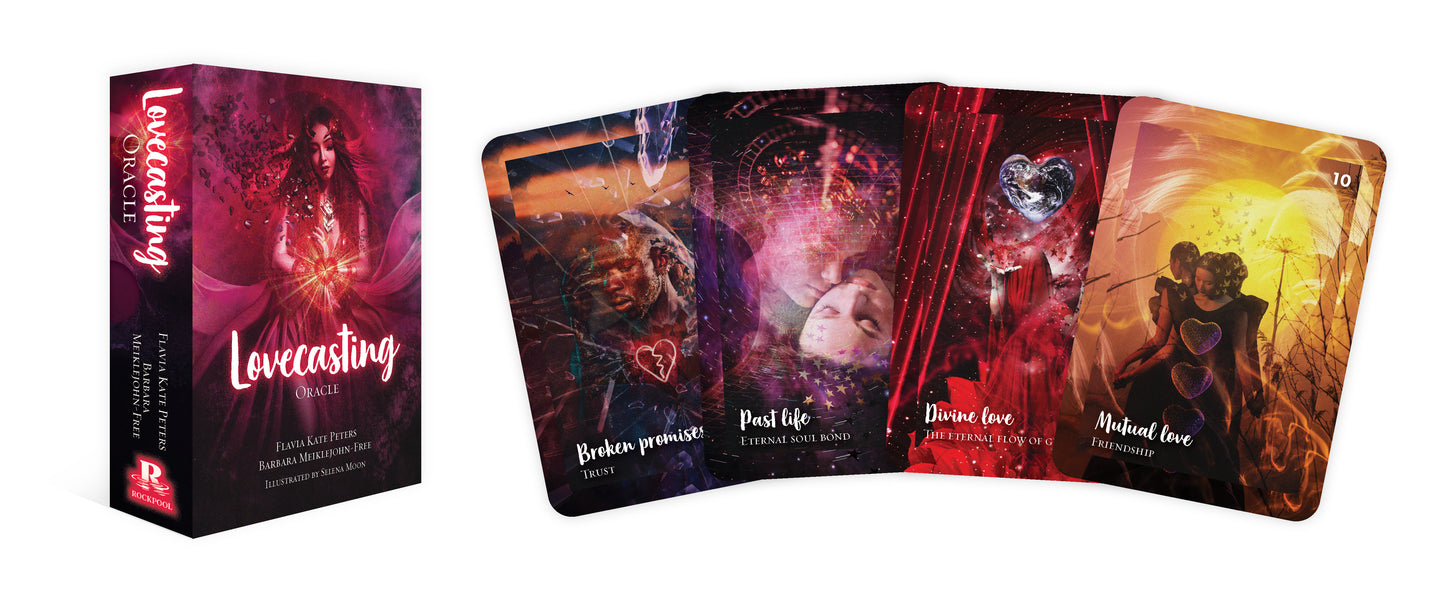 Lovecasting oracle cards with colorful designs and a box on a white background