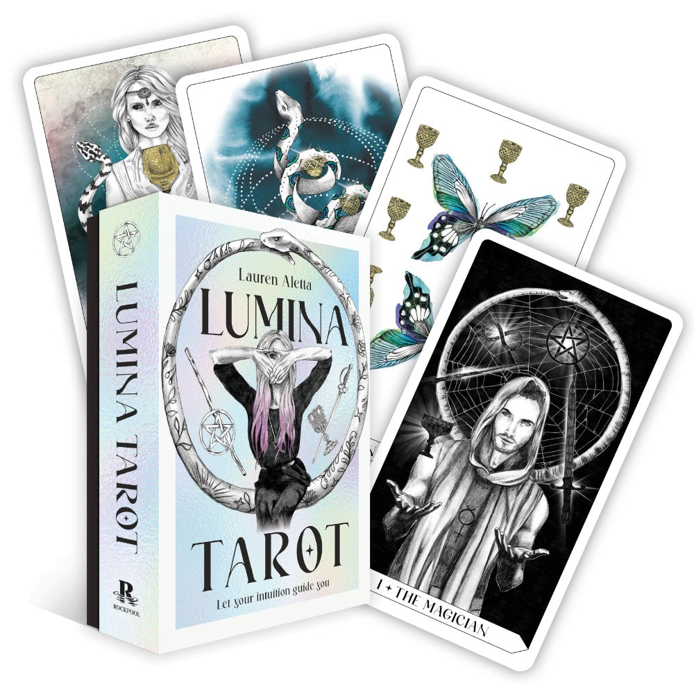 Lumina Tarot cards with a tarot card book and illustrations on a white background