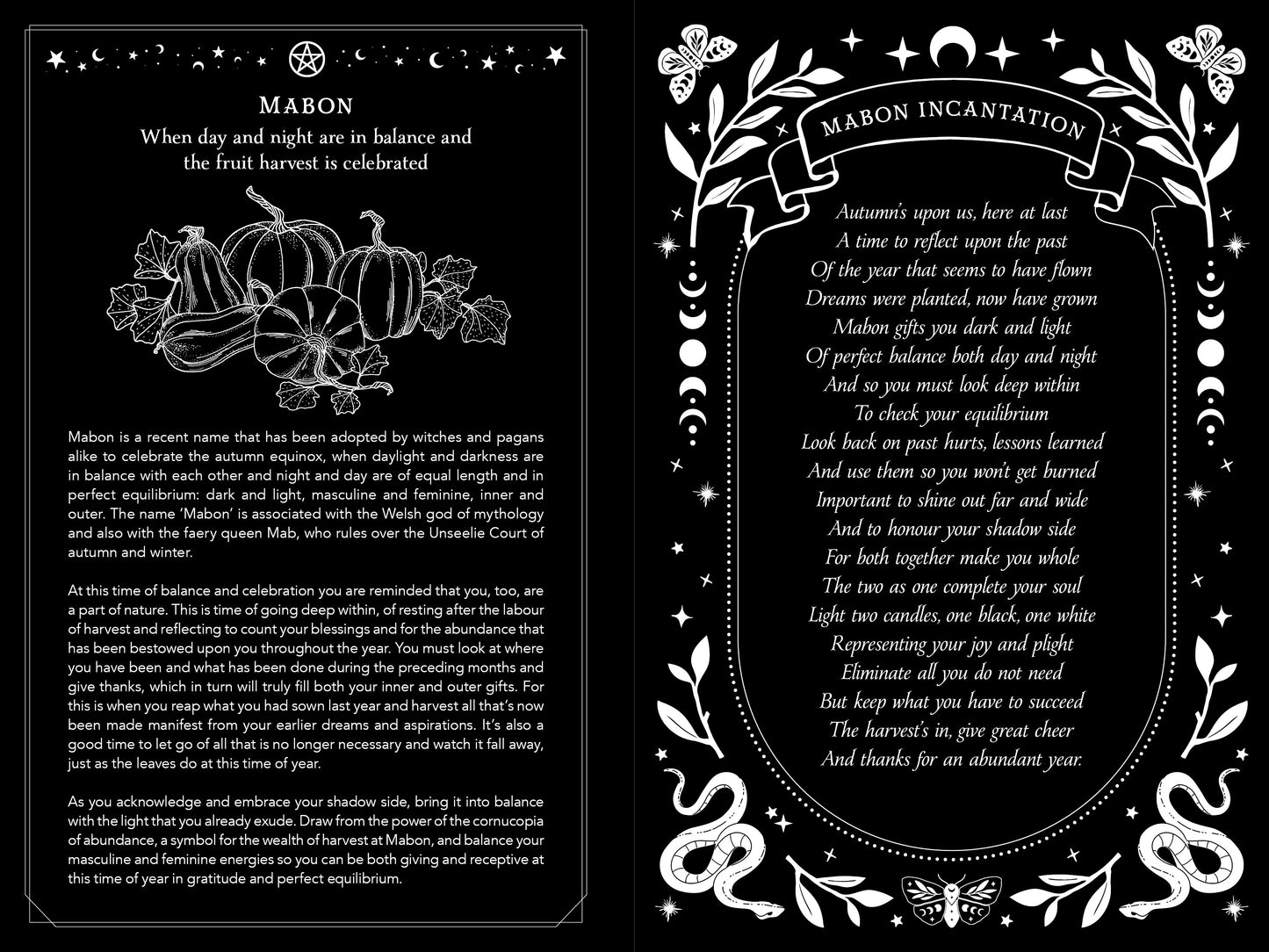 Two black and white cards with text and illustrations on a black background