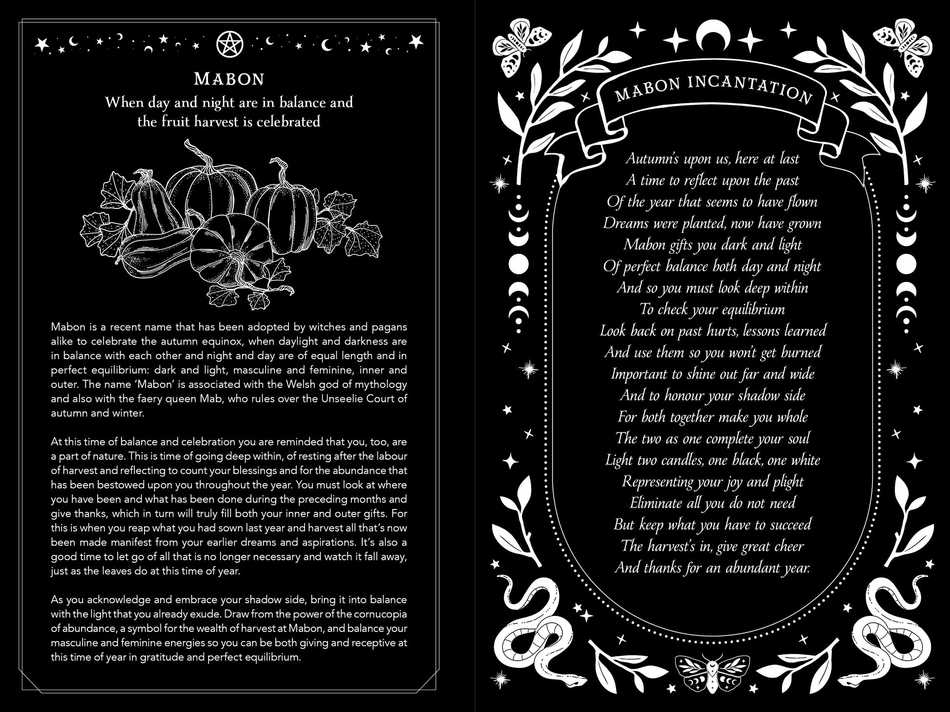 Two black and white cards with text and illustrations on a black background