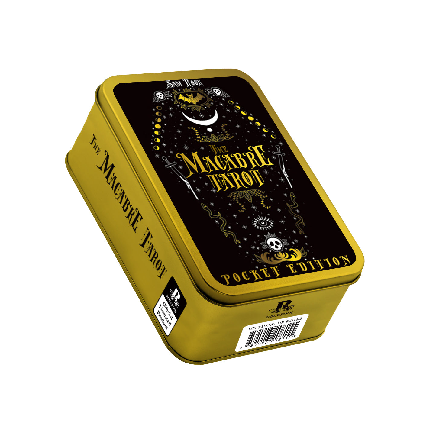 Yellow tin box with 'The Macabre Tarot' design on a white background