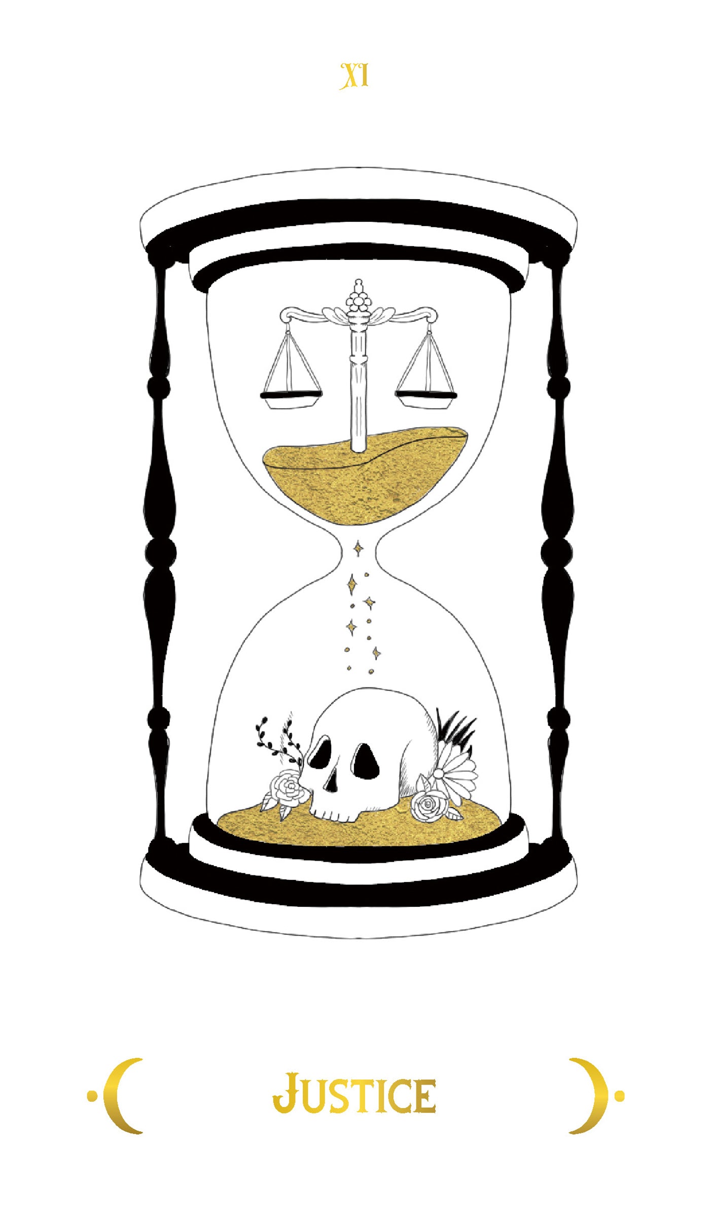 Hourglass with a skull and balance scale inside, labeled 'Justice'.