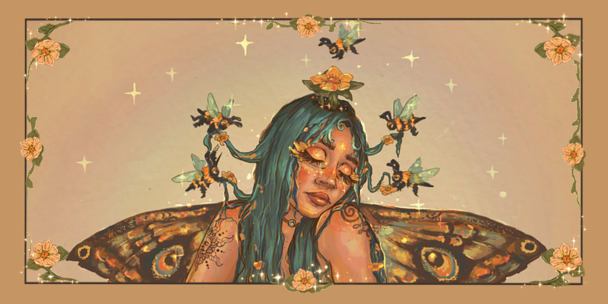 Artistic illustration of a woman with butterfly wings and floral elements on a beige background
