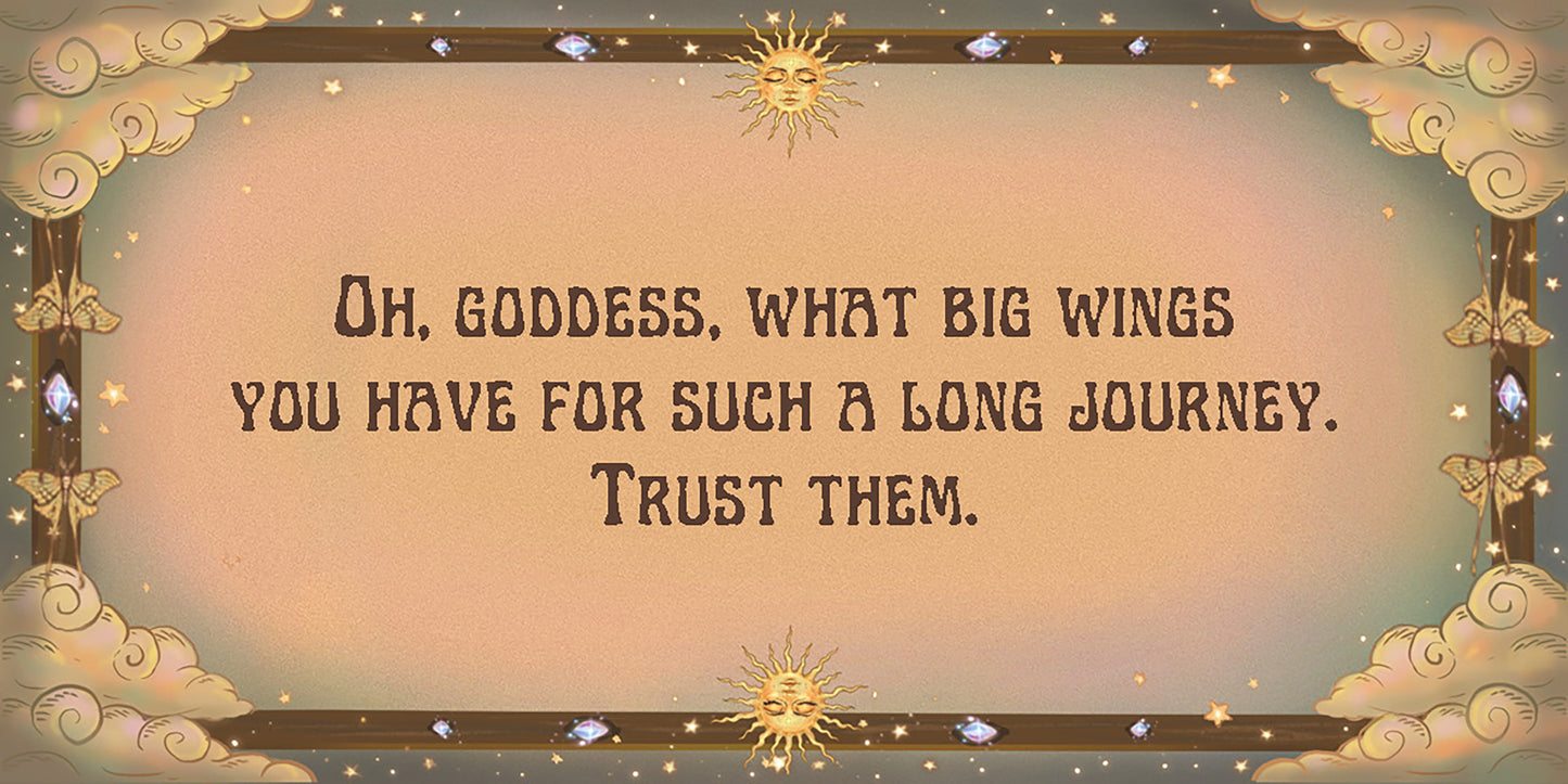 Decorative text card with a quote about wings and trust, surrounded by celestial designs.