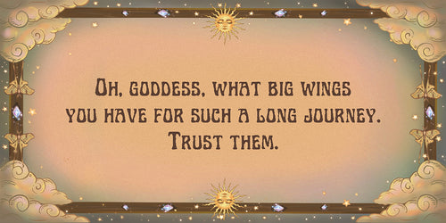 Decorative text card with a quote about wings and trust, surrounded by celestial designs.