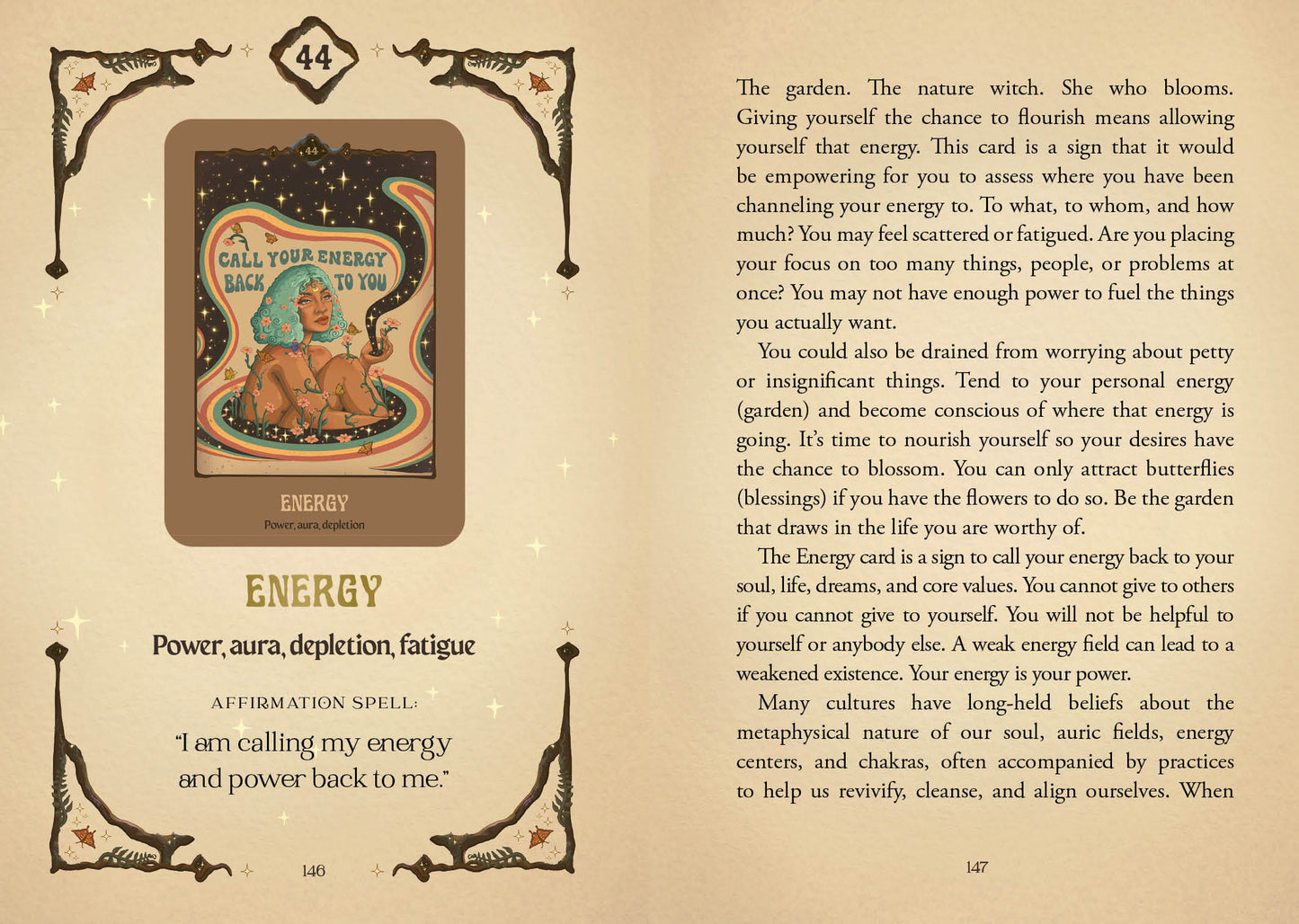 Tarot card titled 'Energy' with a lion illustration on a beige background