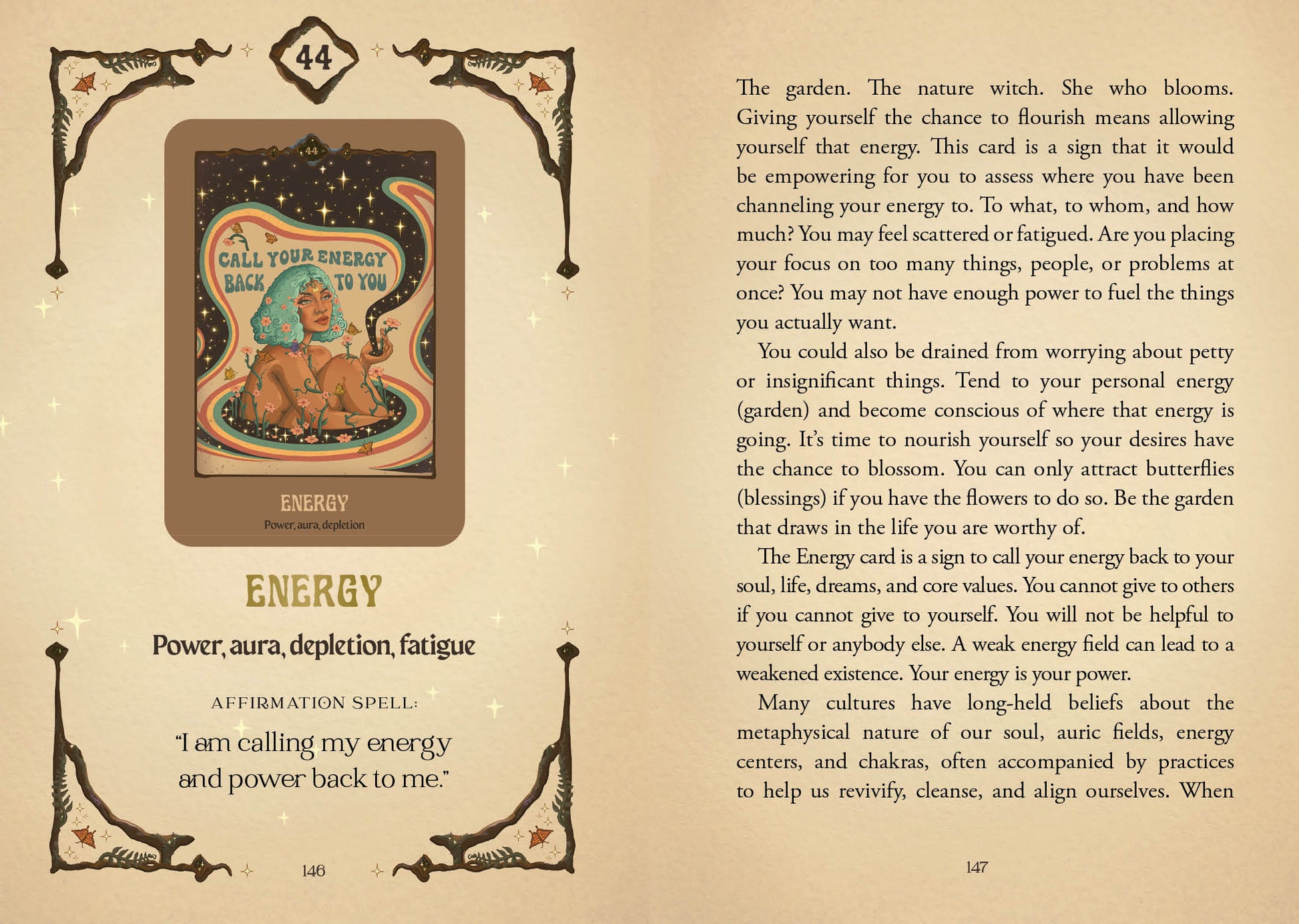 Tarot card titled 'Energy' with a lion illustration on a beige background