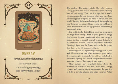 Tarot card titled 'Energy' with a lion illustration on a beige background