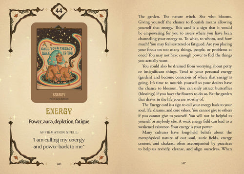Tarot card titled 'Energy' with a lion illustration on a beige background