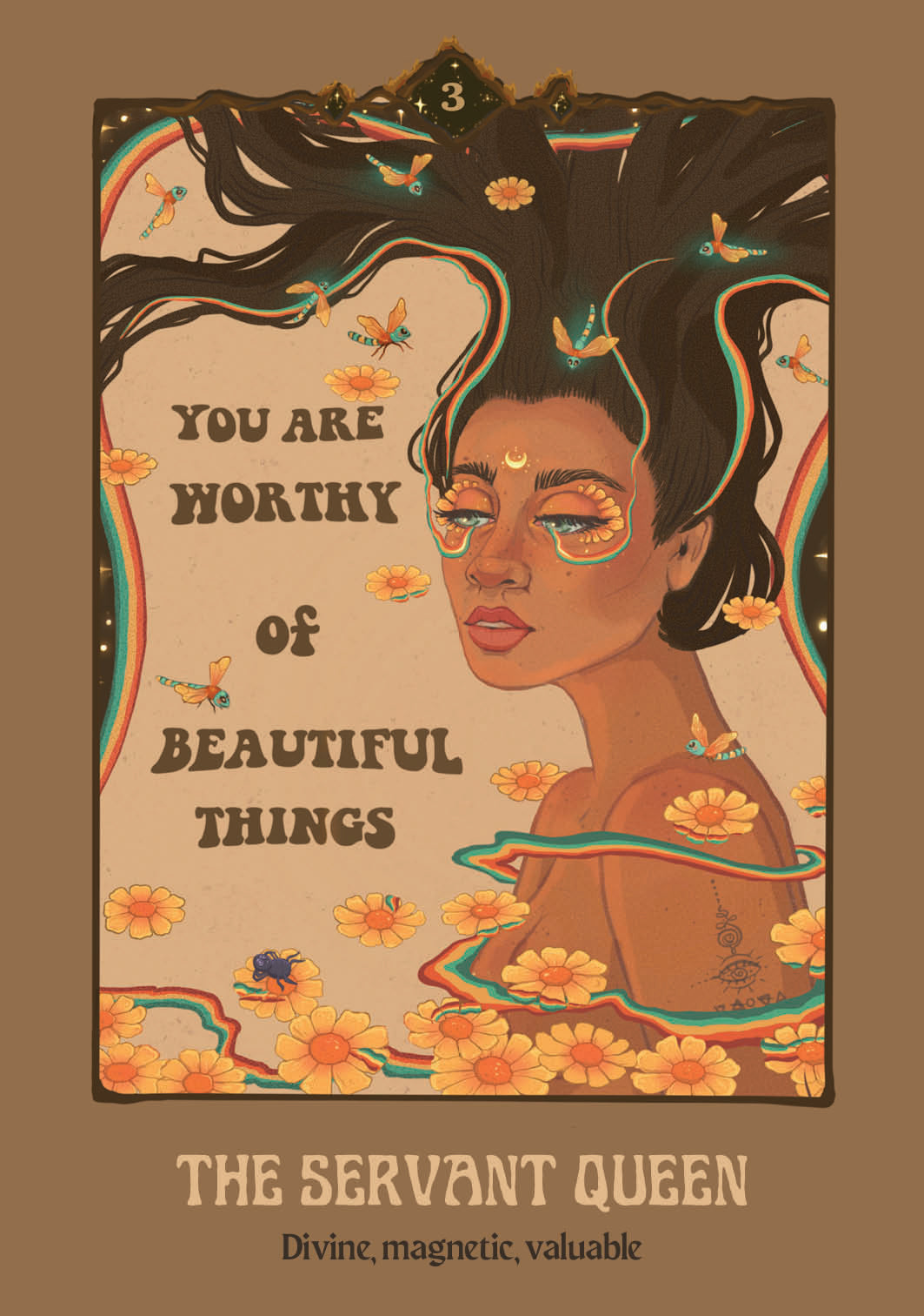 Poster with a woman's face, flowers, and motivational text on a beige background