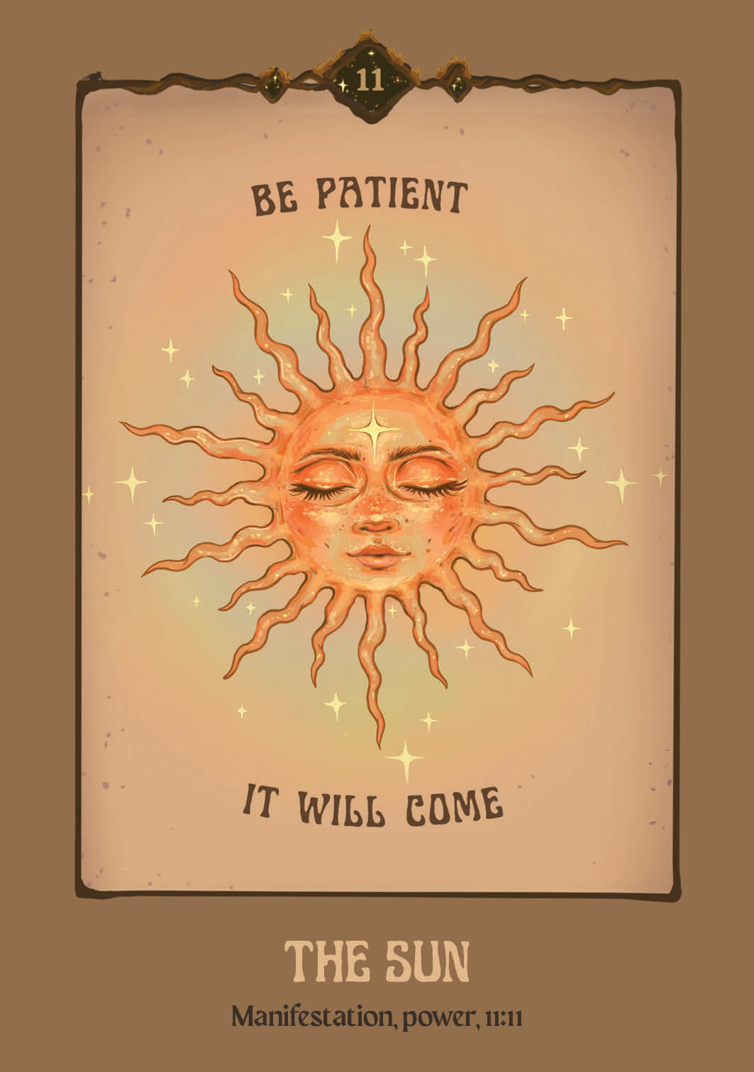 Vintage-style card with a sun design and motivational text on a brown background