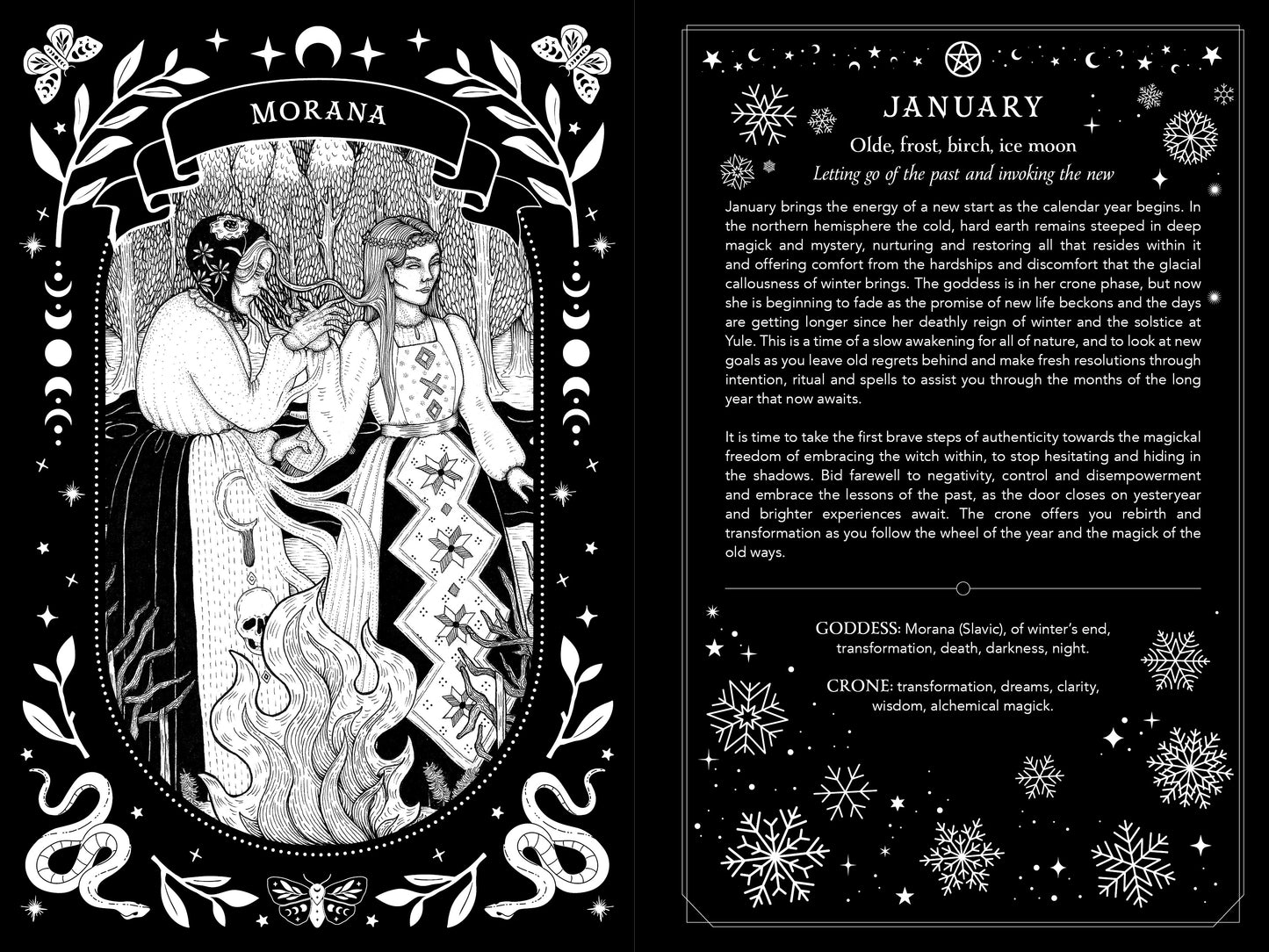Magical calendar for January featuring a black and white illustration of two women and text.