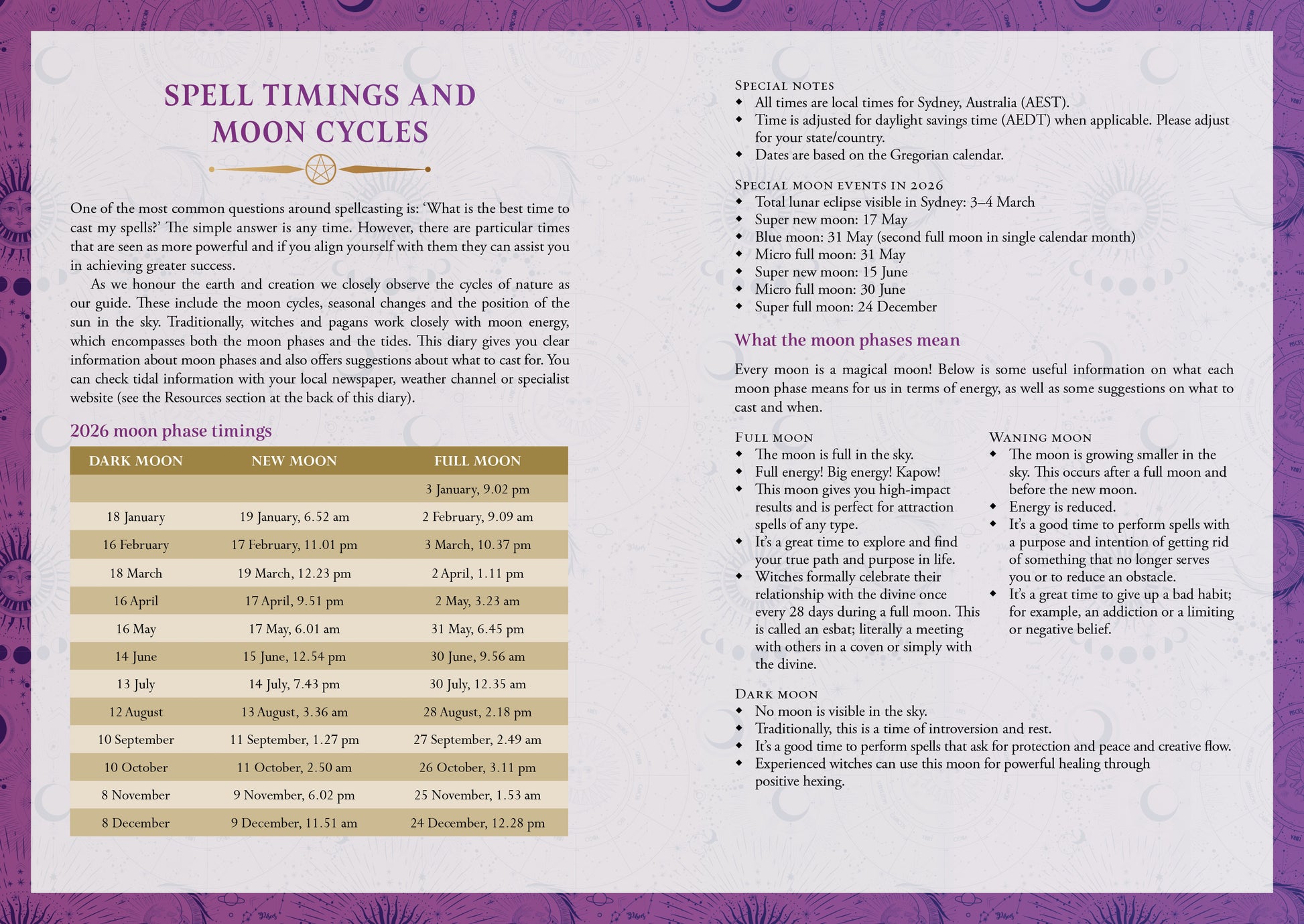 Magical calendar with spell timings and moon cycles on a purple background