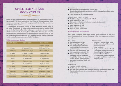 Magical calendar with spell timings and moon cycles on a purple background