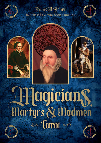 Book cover of 'Magicians, Martyrs & Madmen Tarot' with portraits and tarot card design on a blue background.