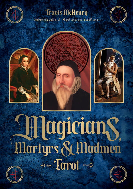 Book cover of 'Magicians, Martyrs & Madmen Tarot' with portraits and tarot card design on a blue background.