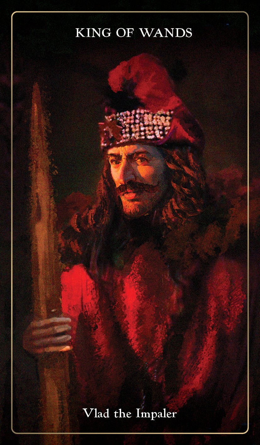 Character in red robe and hat holding a staff, labeled 'King of Wands' with 'Vlad the Impaler' at the bottom.