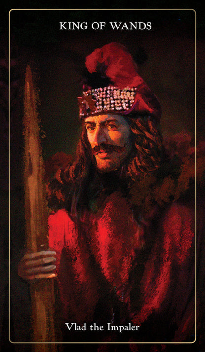 Character in red robe and hat holding a staff, labeled 'King of Wands' with 'Vlad the Impaler' at the bottom.