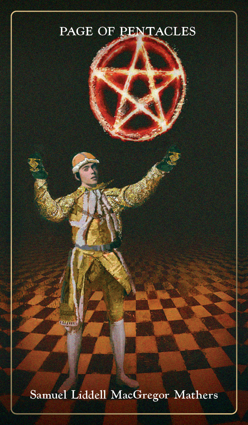 Tarot card titled 'Page of Pentacles' with a person in gold clothing and a glowing pentacle above them.