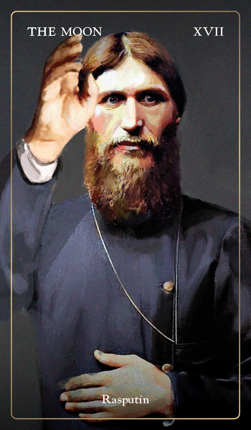 Card featuring a portrait of Rasputin with the title 'The Moon XVII'.