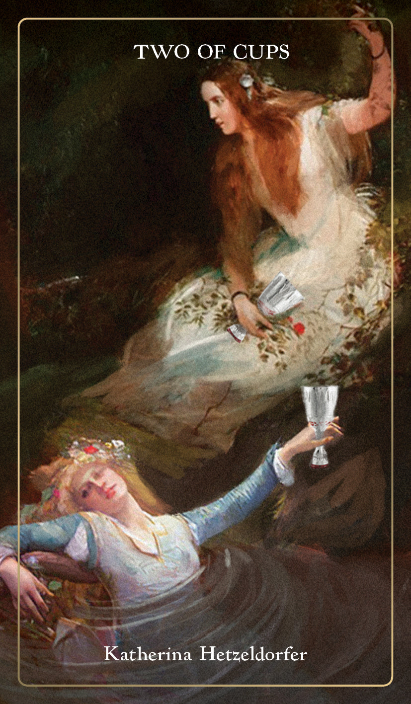 Tarot card titled 'Two of Cups' by Katherina Hetzdorfer featuring two women in classical attire.