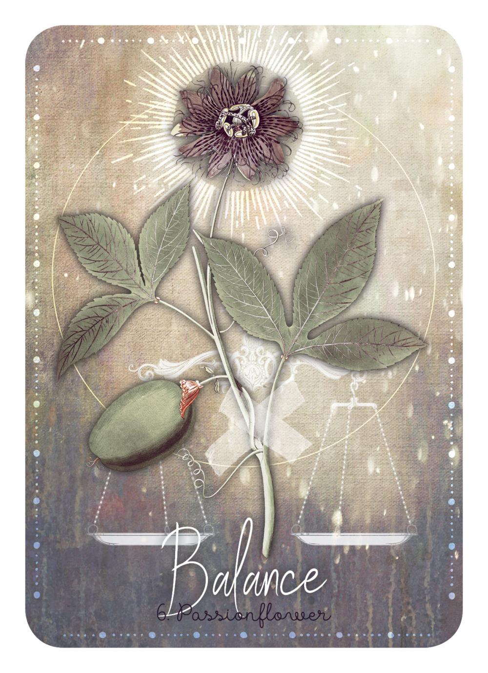Card with a flower and leaves design, featuring the word 'Balance', on a textured background.