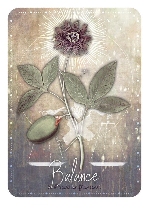 Card with a flower and leaves design, featuring the word 'Balance', on a textured background.