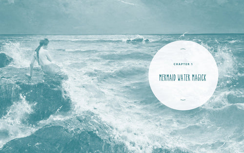 Person in a white dress standing on rocks in the ocean with a circular text overlay.