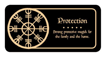Decorative label with a protection symbol and text on a black background