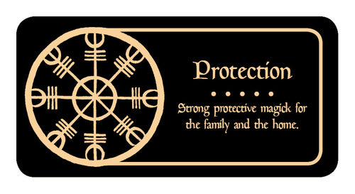 Decorative label with a protection symbol and text on a black background