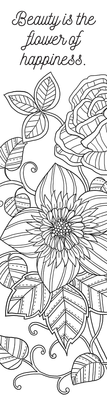 Black and white floral design with text 'Beauty is the flower of happiness' on a white background