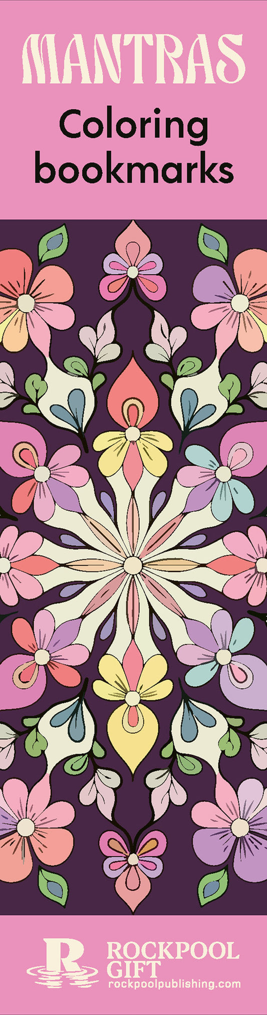 Colorful mandala design on a purple background with 'Mantras Coloring bookmarks' text and Rockpool Gift branding.