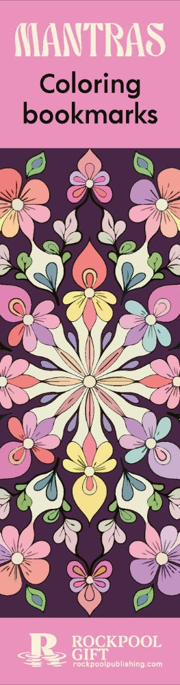 Colorful mandala design on a purple background with 'Mantras Coloring Bookmarks' text.