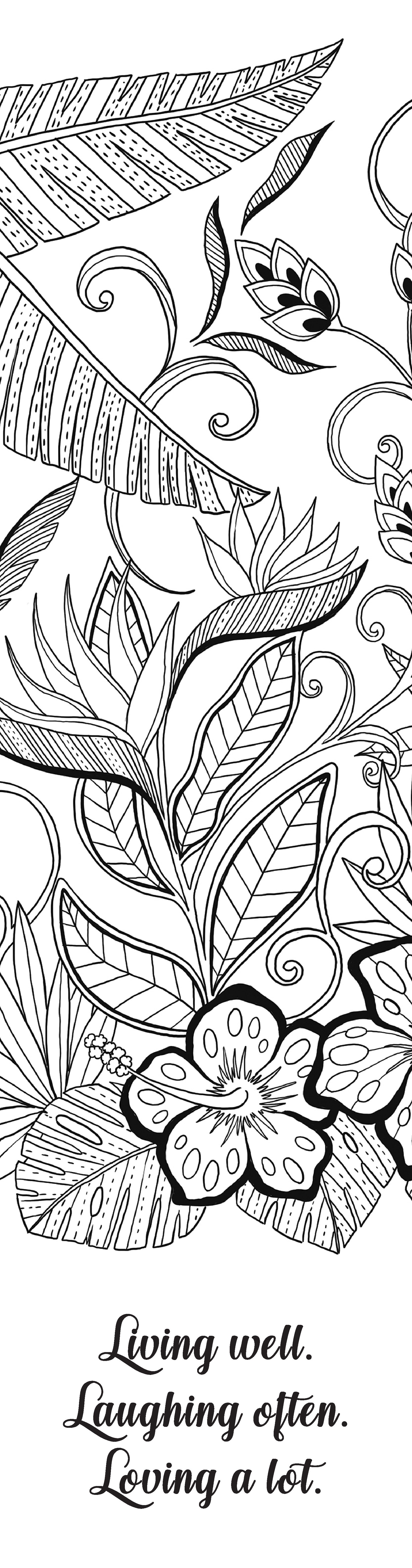 Black and white floral and leaf design with text 'Living well. Laughing often. Loving a lot.'