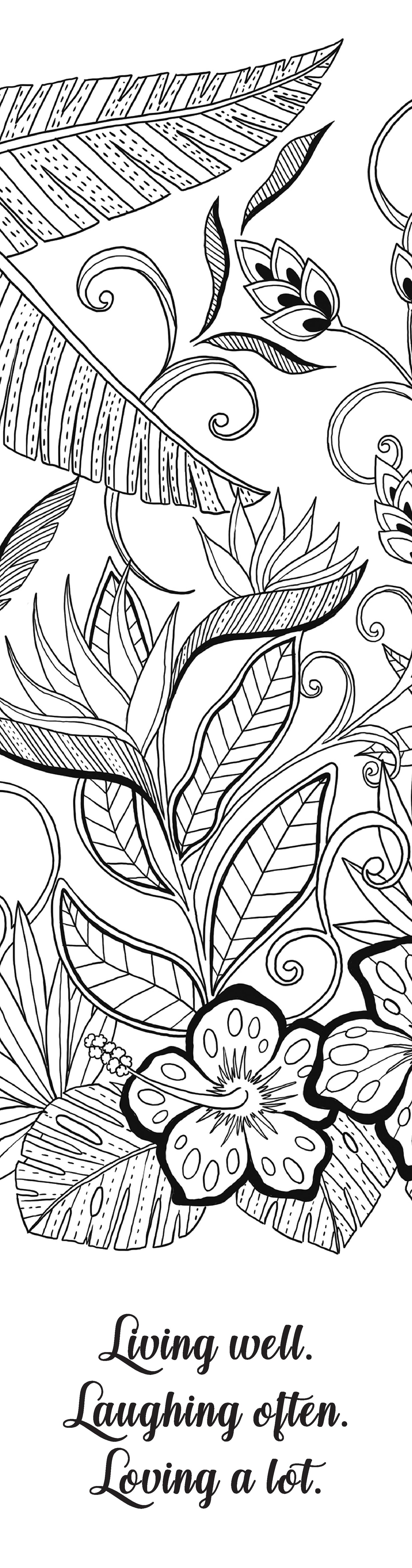 Black and white floral and leaf design with text 'Living well. Laughing often. Loving a lot.'