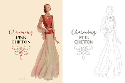 Fashion illustration of a dress with pink chiffon and red bodice, alongside a line drawing on a beige background.