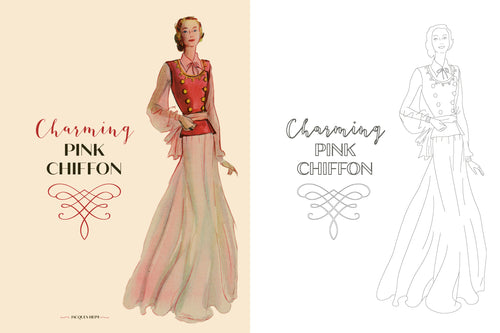 Fashion illustration of a dress with pink chiffon and red bodice, alongside a line drawing on a beige background.