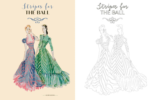 Illustration of two women in evening gowns with text 'Stripes for the Ball' on a beige and white background.