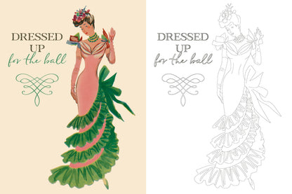 Illustration of a woman in a vintage dress with a color option on the left and a line art version on the right.