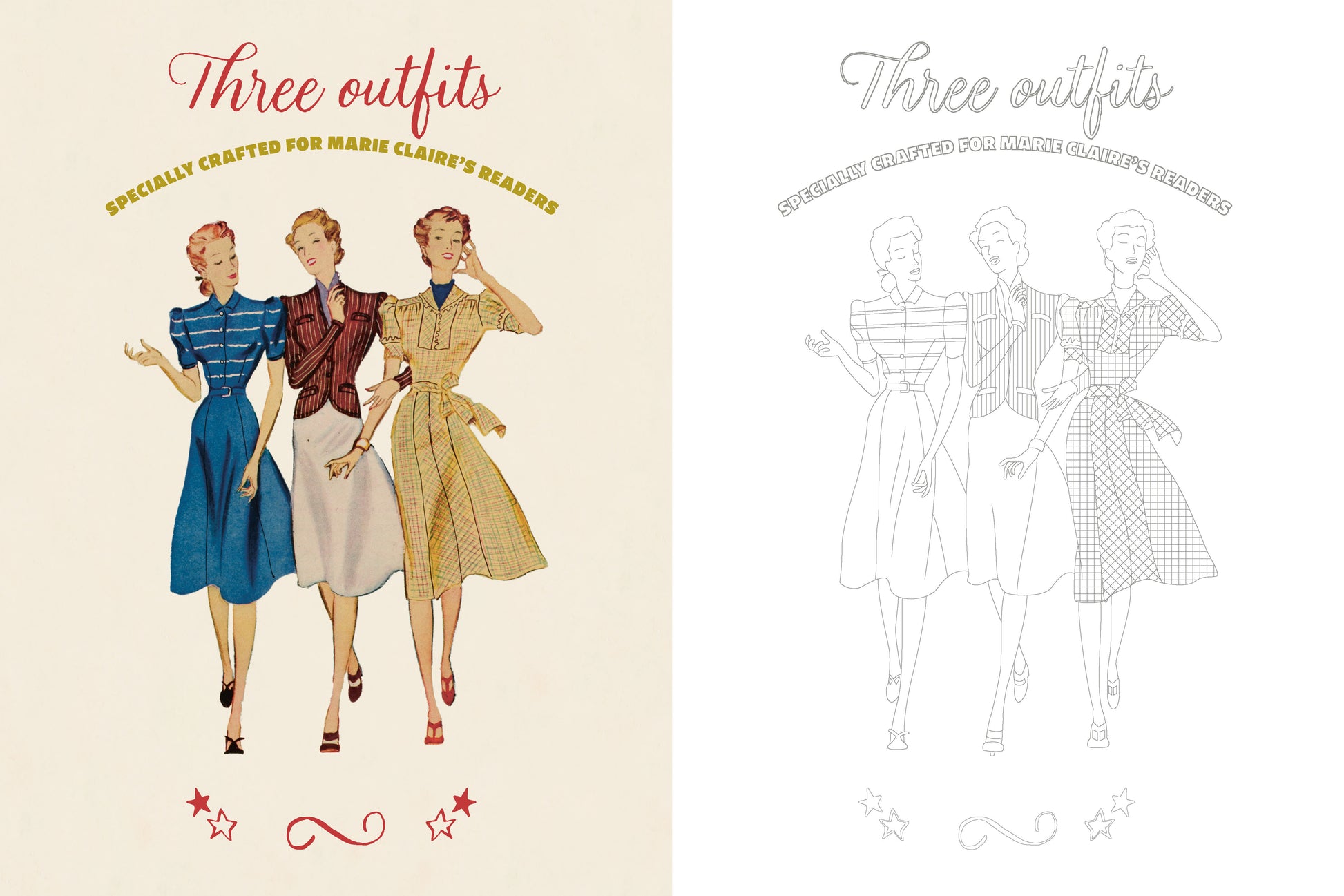 Vintage-style advertisement with three women in outfits and a line drawing on a beige background.