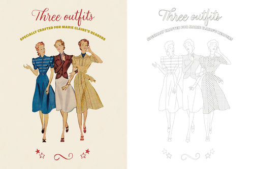 Vintage-style advertisement with three women in outfits and a line drawing on a beige background.