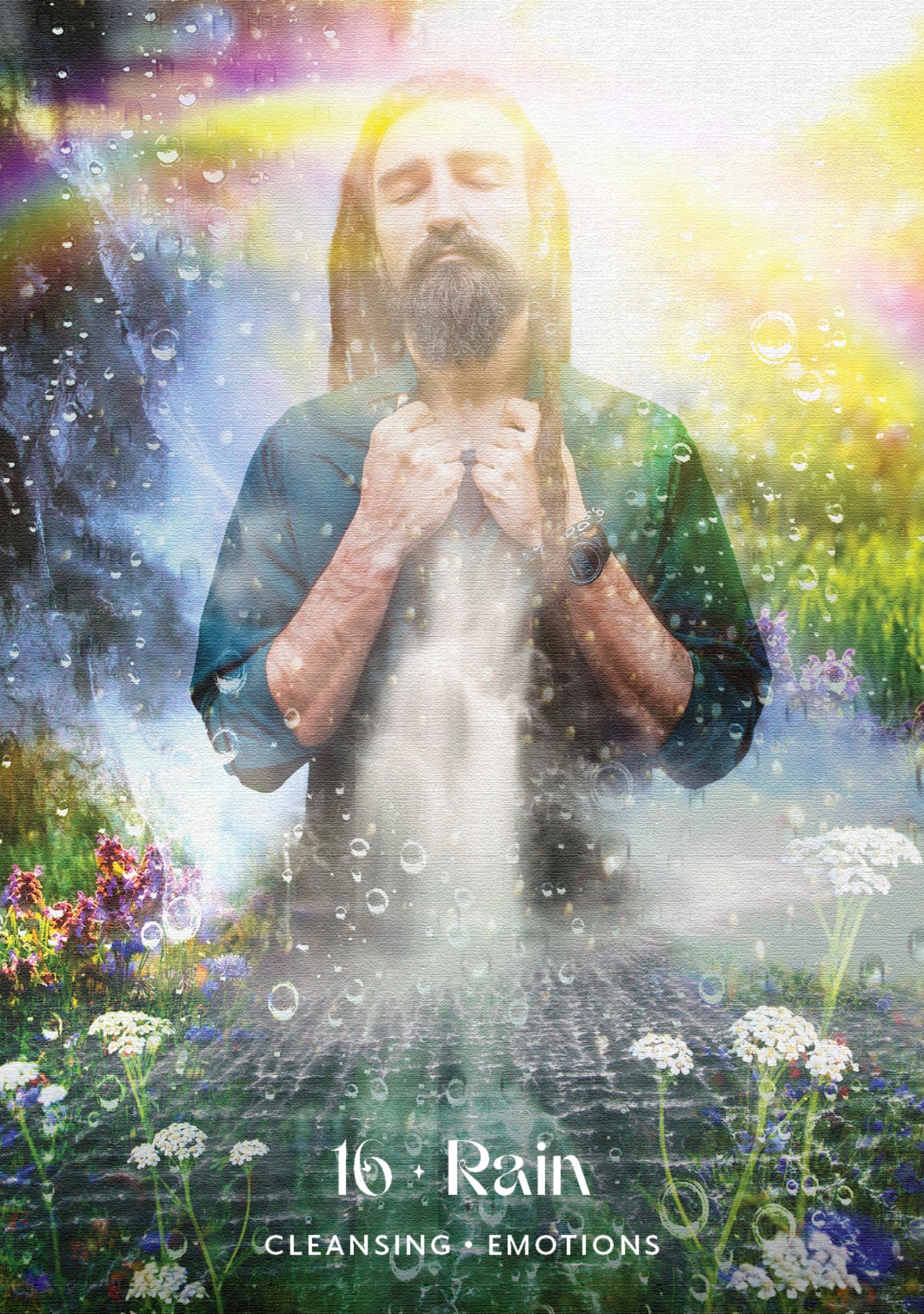 Person with hands over chest in a natural setting with 'Rain' text overlay