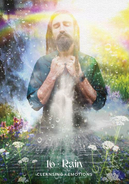 Person with hands over chest in a natural setting with 'Rain' text overlay